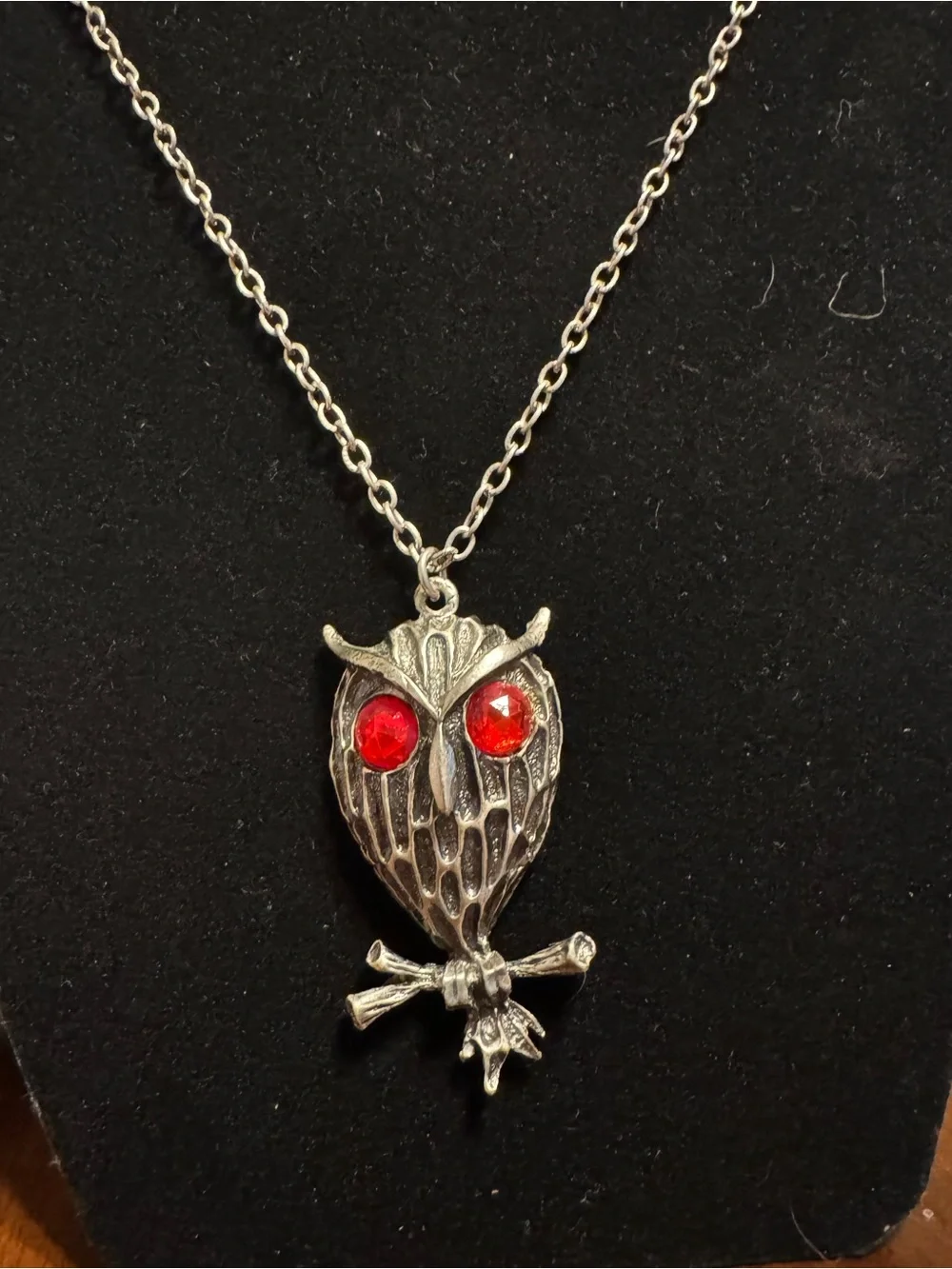 Silver Owl Pendant Necklace with Red Crystal Eyes